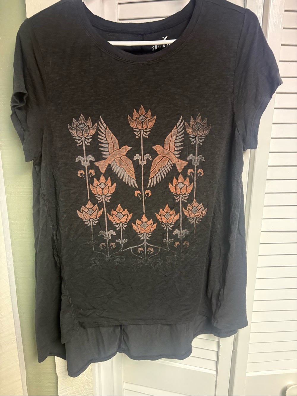 American Eagle Outfitters Black Tee with Copper Floral & Bird Graphic